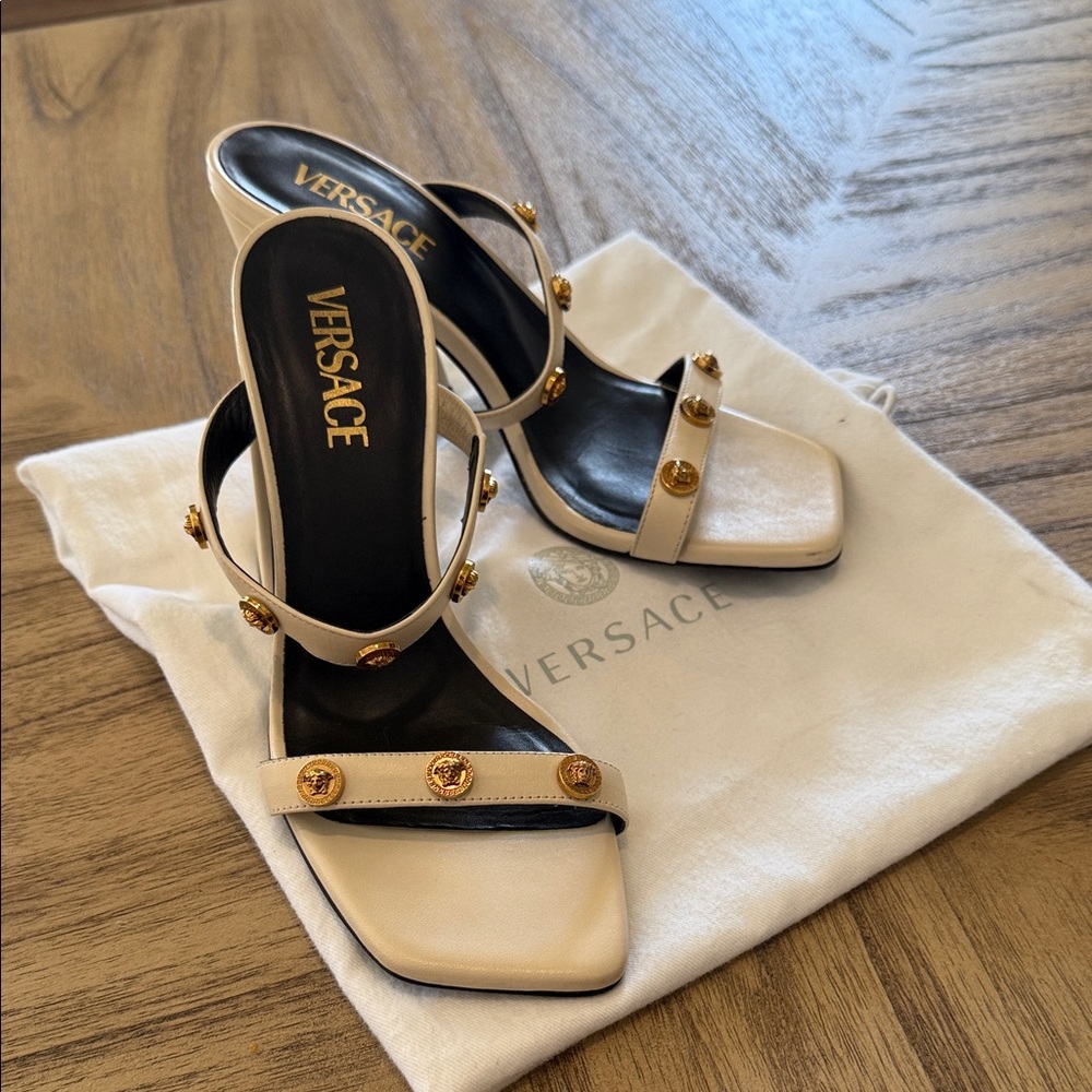 Versace Cream and Gold Heeled Sandals medusa